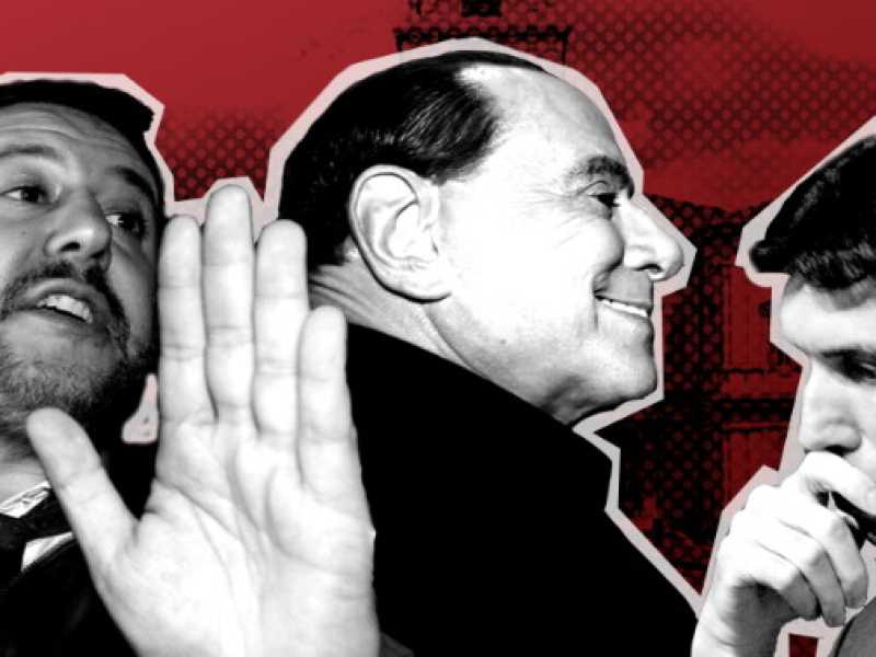 Matteo Salvini, Silvio Berlusconi e Maurizio Martina (fotomontaggio di Enrico Cicchetti)