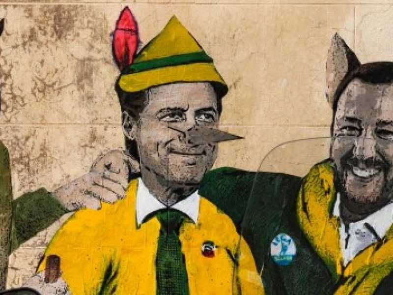 Un murales a Roma con i volti di Luigi Di Maio, Giuseppe Conte e Matteo Salvini (Foto Imagoeconomica)