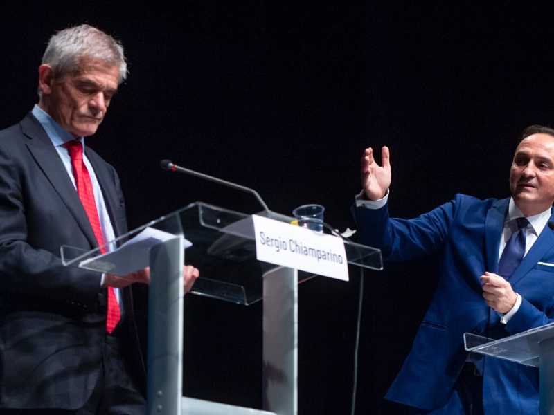 Un confronto televisivo tra il candidato del centrodestra in Piemonte, Alberto Cirio, e Sergio Chiamparino del centrosinistra (Foto LaPresse)