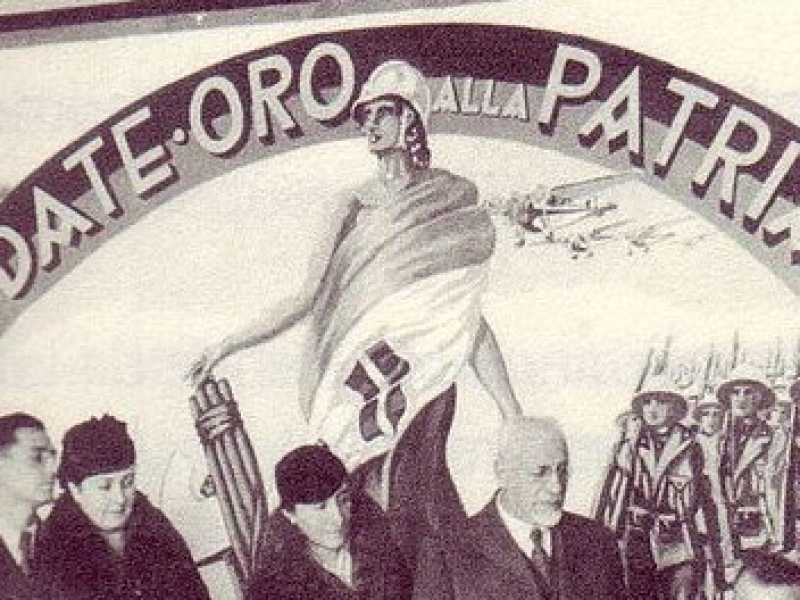 1935, Oro alla Patria, consegna delle fedi.  Le veline del Duce di Riccardo Cassero pag 40 (via Wikimedia)