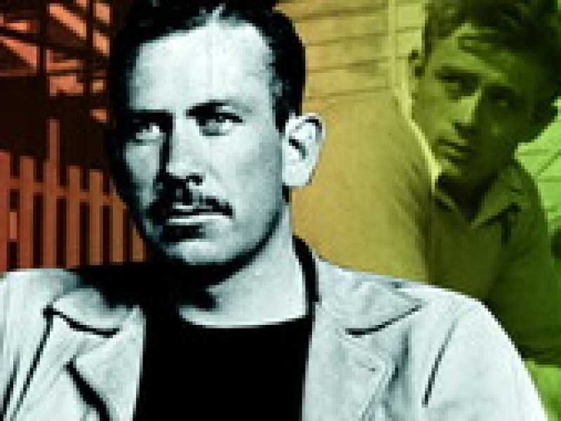 John Steinbeck, alle sue spalle James Dean in &ldquo;La valle dell'Eden&rdquo;, film del 1955 diretto da  Elia Kazan (foto elaborazione Il Foglio)