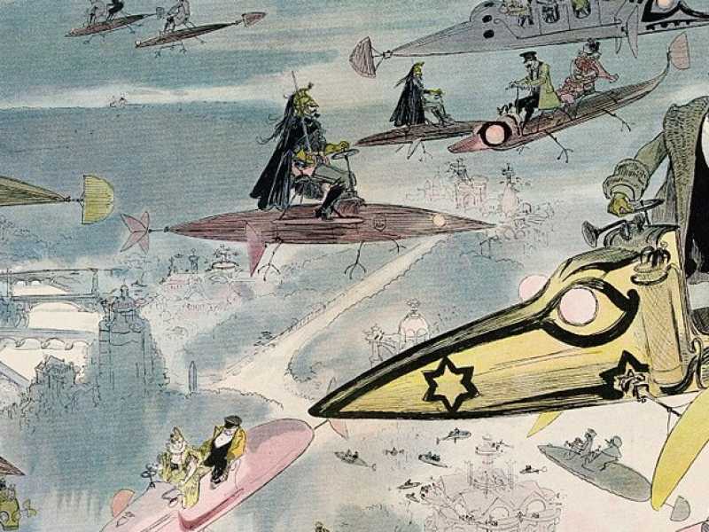 Stampa (1902 circa) di Albert Robida che mostra una visione futuristica del viaggio aereo su Parigi nel 2000, mentre la gente lascia l'Opera