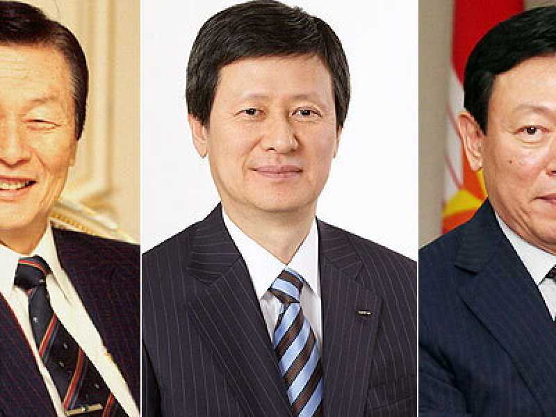 Da sinistra, il fondatore di Lotte Group Shin Kyuk-ho, il primogenito Dong-joo e il pi&ugrave; giovane Dong-bin