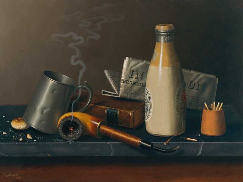 William Michael Harnett, "Materiale per un'ora di ozio". 1879, museo Thyssen-Bornemisza di Madrid