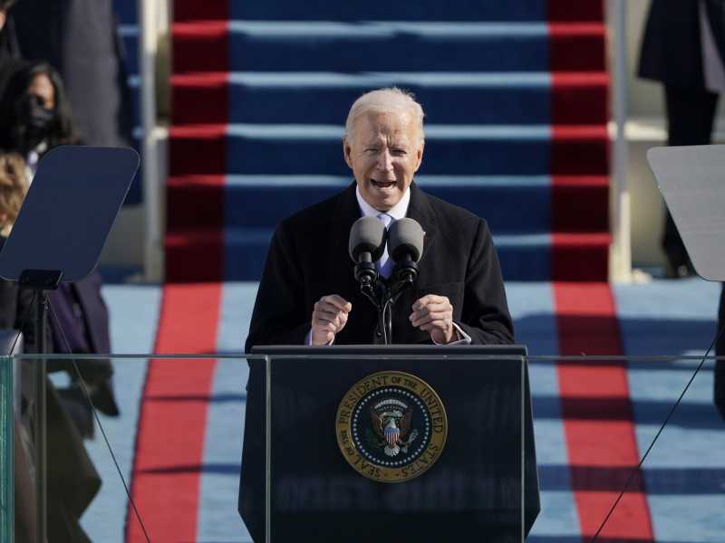 Joe Biden durante il suo discorso di insediamento alla Casa Bianca (foto LaPresse)