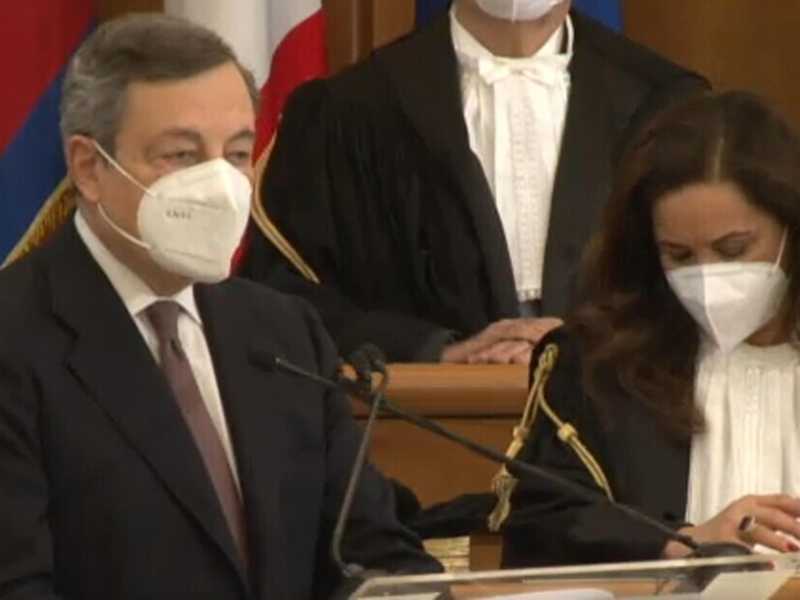 Il premier Mario Draghi alla cerimonia d'inaugurazione dell'anno giudiziario, Roma, 19 febbraio 2021 (foto Ansa/Corte dei Conti)&nbsp;<br />