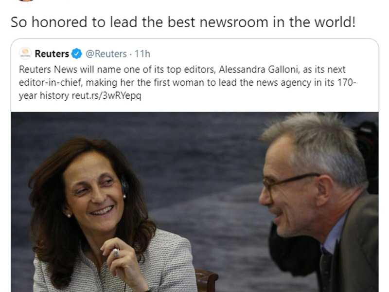 &ldquo;So honored to lead the best newsroom in the world!&rdquo;: Alessandra Galloni nella foto con cui ha accompagnato il post di ieri sul suo profilo Twitter (Ansa)
