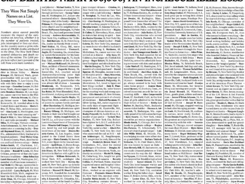 La prima pagina del Nyt del 24 maggio 2020, con i nomi di mille vittime della pandemia (Foto Ansa)&nbsp;<br />