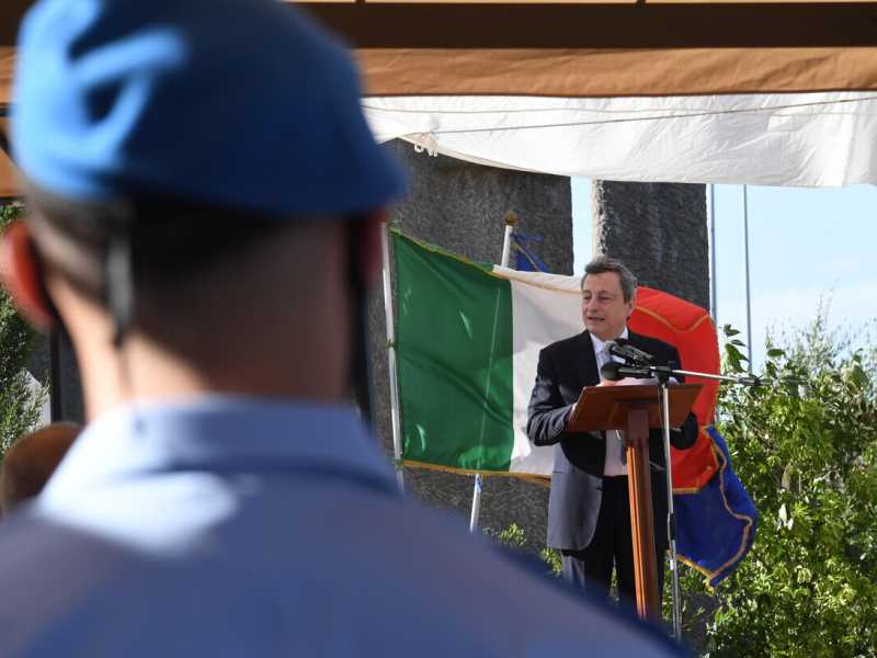 Il premier Mario Draghi durante il discorso tenuto in occasione della visita al carcere di Santa Maria Capua Vetere (Ansa)