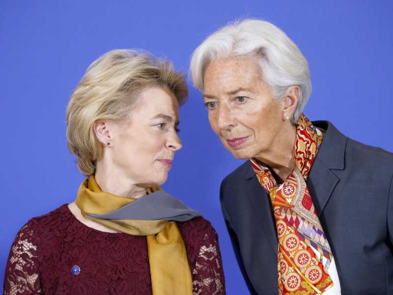 Ursula von del Leyen e Christine Lagarde , rispettivamente presidente di Commissione europea e Bce (Ansa)&nbsp;<br />