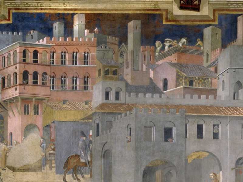 Afrresco di Ambrogio Lorenzetti nel Palazzo pubblico di Siena, particolare (Wikimedia Commons)&nbsp;