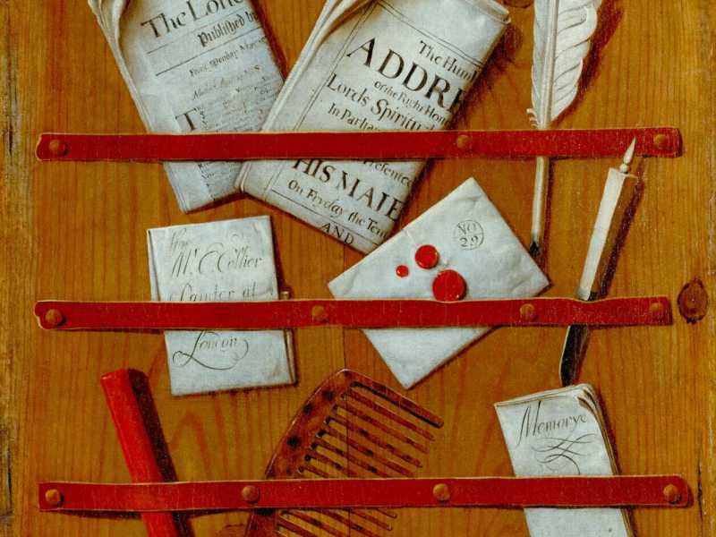 Edwaert Collier. Un trompe l'oeil di un portalettere con carte, un pettine, forbici e un coltello da lettere (circa 1699) - Tate Gallery<br /> <br />
