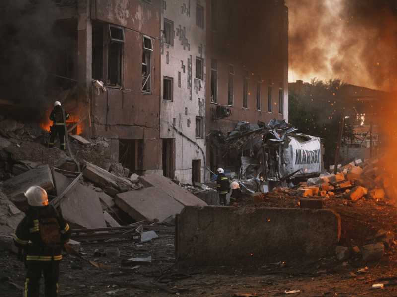 Vigili del fuoco intenti a spegnere incendi dovuti ai bombardamenti a Mykolaiv (foto Ap)&nbsp;<br />