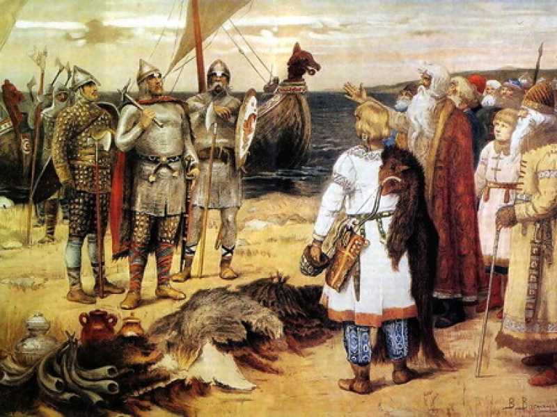L'approdo di Rurik con i fratelli Sineus e Truvor al Lago Ladoga, dipinto di Apollinarij Michajlovič Vasnecov (Wikimedia commons) <br />