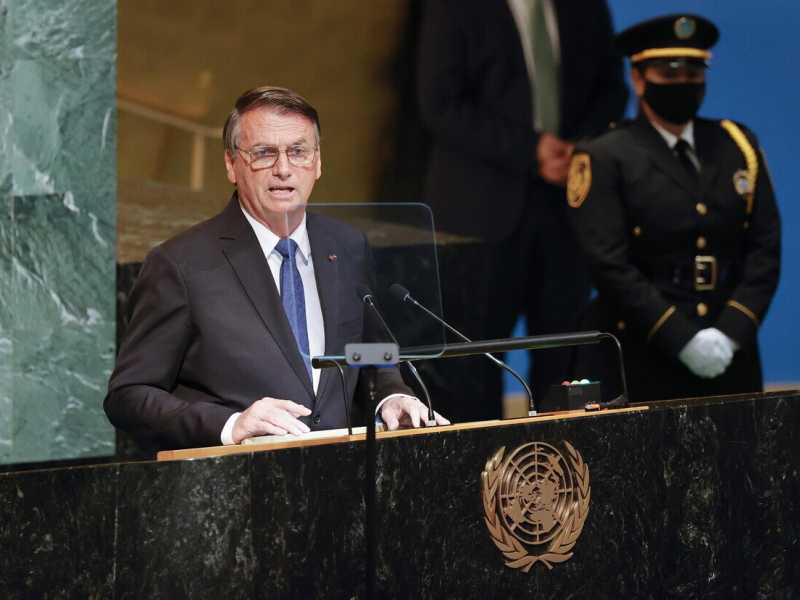 Jair Bolsonaro durante il suo discorso alla 77esima Assemblea generale dell&rsquo;Onu (Ansa)&nbsp;<br />