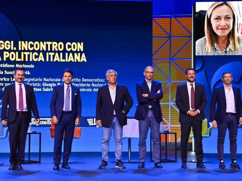 Al Meeting dibattito elettorale con Letta, Salvini, Lupi e Meloni in collegamento da casa (LaPresse)&nbsp;<br />