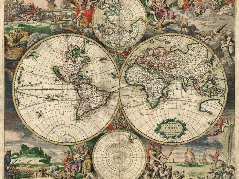 Una delle mappe del mondo disegnata da Gerard van Schagen, incisore e cartografo, nel 1689 (Wikipedia)&nbsp;<br />