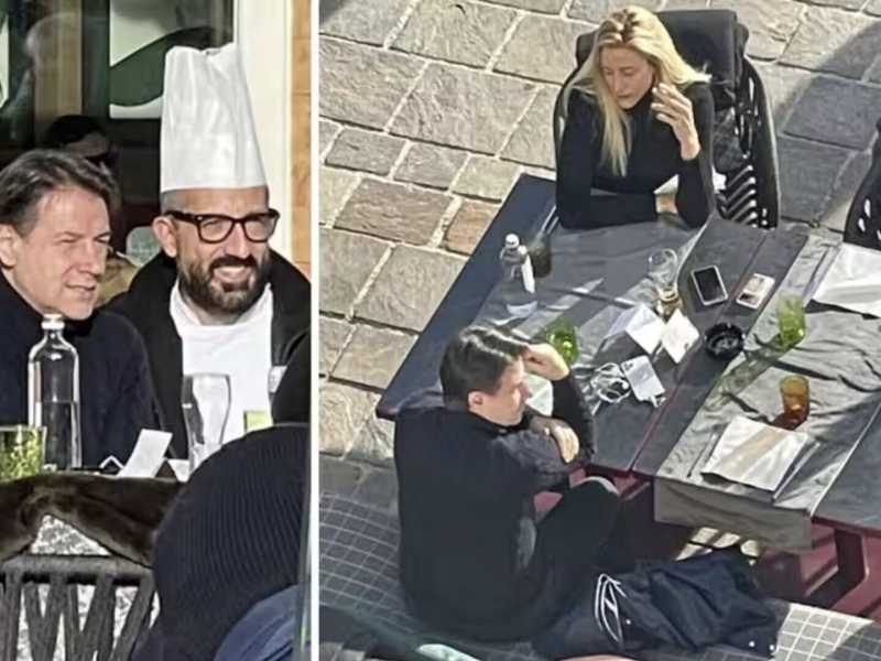 Le foto dell’ex presidente del Consiglio Conte davanti al Grand Hotel Savoia di Cortina diffuse da Dagospia <br />