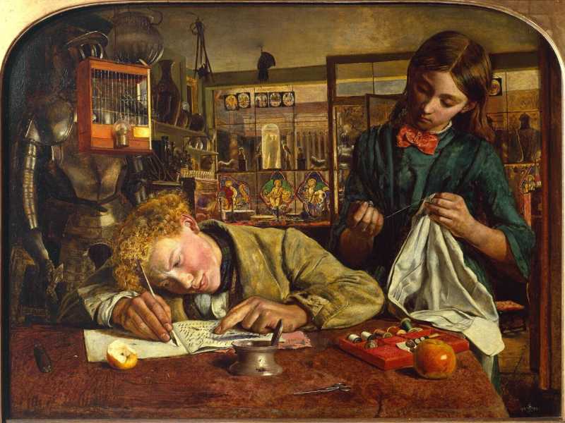 Robert Braithwaite Martineau, Kit's Writing Lesson (1852), olio su tela, The Tate Gallery&nbsp;<br />