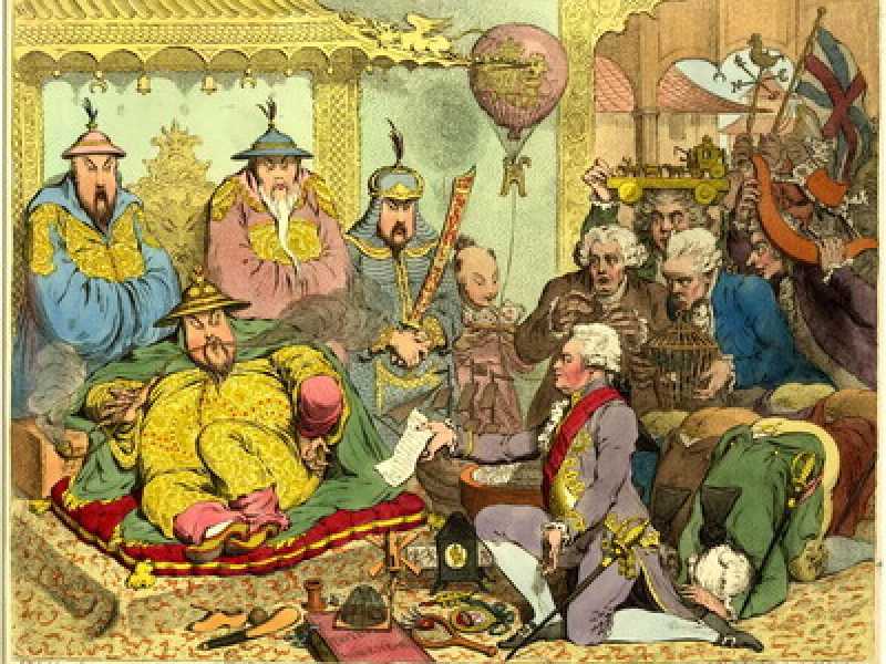 Dettaglio da una stampa caricaturale di James Gillray che rappresenta l&rsquo;ambasciata di Lord Macartney presso l&rsquo;imperatore Qianlong (British Museum)&nbsp;<br />