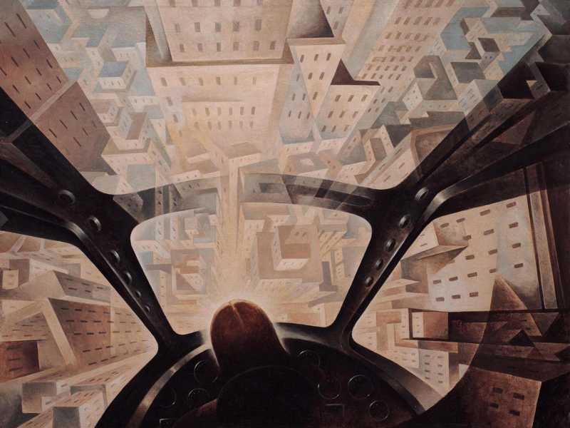 Dettaglio da “Incuneandosi nell’abitato” di Tullio Crali, 1938 (Ansa) <br />