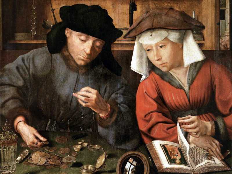 Quentin Metsys, Il cambiavalute (Le Pr&ecirc;teur et sa femme), 1514, olio su tavola, 70 x 67 cm. Parigi, Mus&eacute;e du Louvre&nbsp;<br />