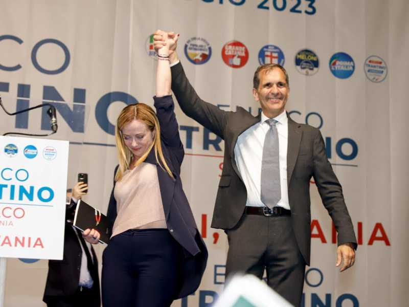 Giorgia Meloni e Enrico Trantino (foto via Facebook - Enrico Trantino Sindaco) <br />