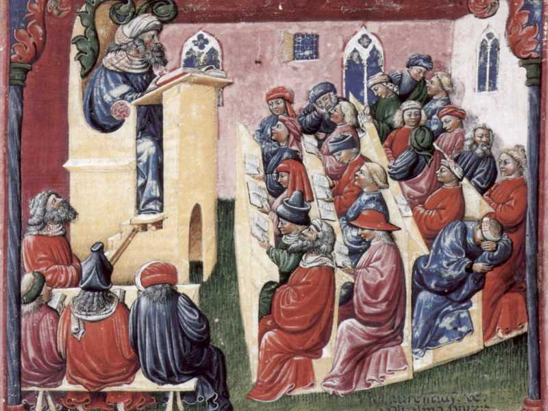 &nbsp;Rappresentazione lezione universitaria, 1350 (foto Wikipedia)