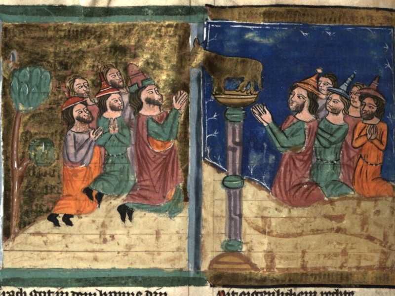 &nbsp;Gli israeliti adorano il vitello d'oro (Boemia, miniatura del 1350 ca.) - foto Wikipedia