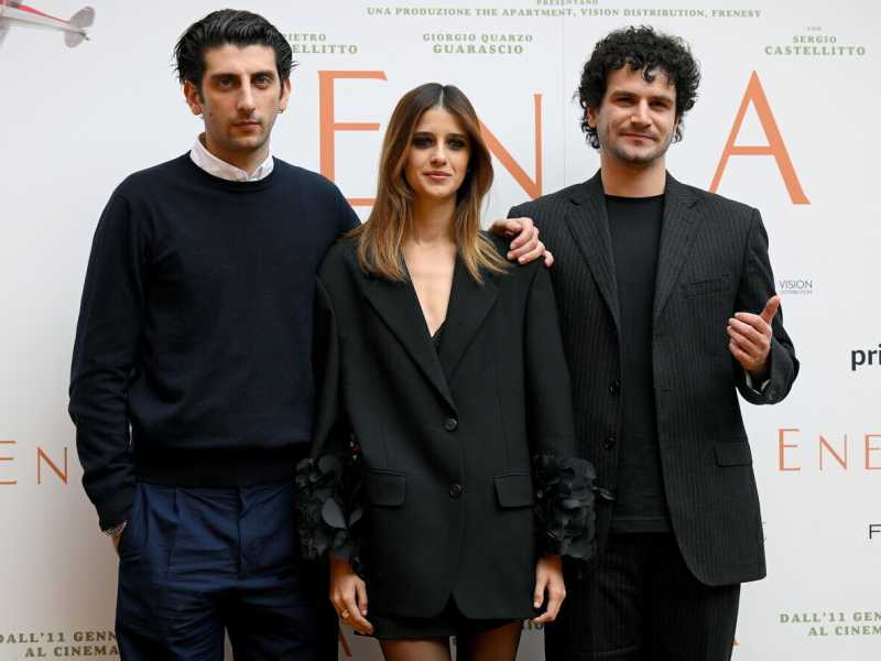  Pietro Castellitto, a sinistra, con Benedetta Porcaroli e Giorgio Guarascio alla presentazione di Enea - foto Ansa