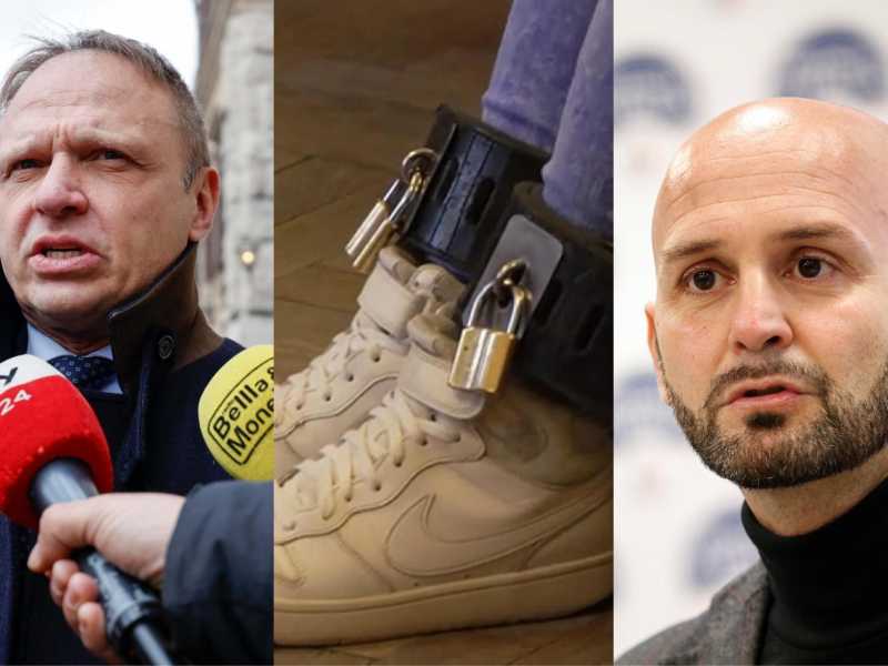 &nbsp;Francesco Lollobrigida e Nicola Procaccini. Al centro le caviglie ammanettate di Ilaria Salis - foto Ansa