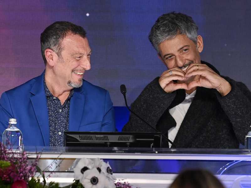 &nbsp;Amadeus e Fiorello alla conferenza stampa per il festival di Sanremo - foto Ansa