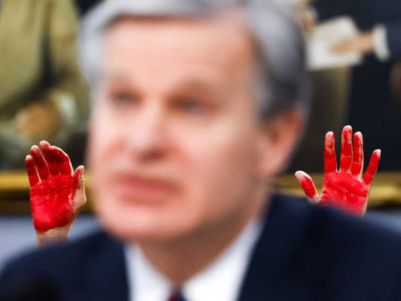 &nbsp;I palmi macchiati di rosso di un manifestante per le vittime di Gaza dietro a Christopher Wray, capo del Federal Bourau of Investigation