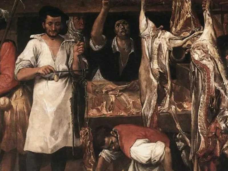 Annibale Carracci, La bottega del macellaio, 1585 c., olio su tela, cm. 185×266, Christ Church, Oxford<br /><br /> <br />