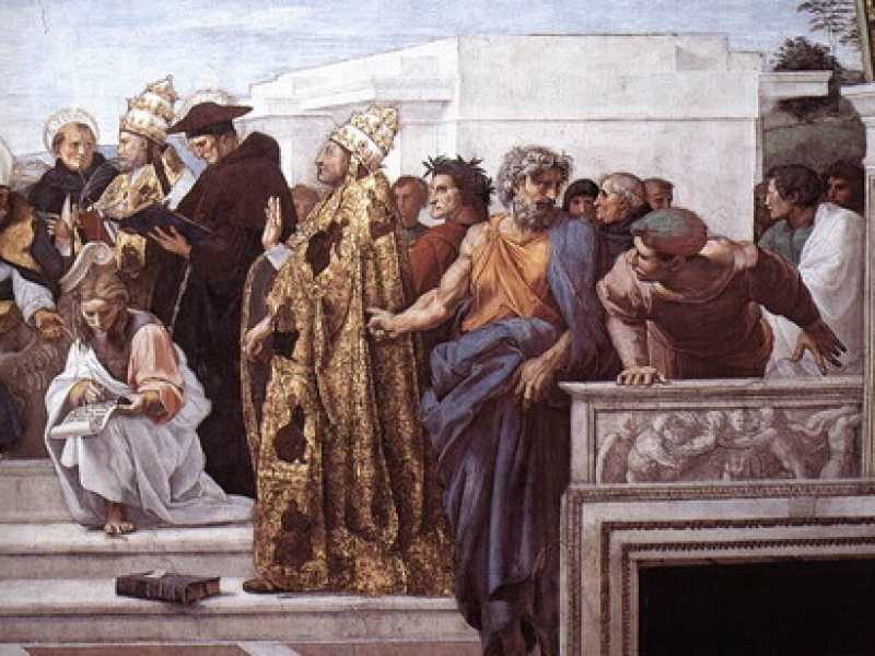 Raffaello, &ldquo;Disputa del Sacramento&rdquo; (particolare), 1509 (Stanze di Raffaello, Musei Vaticani)&nbsp;<br />