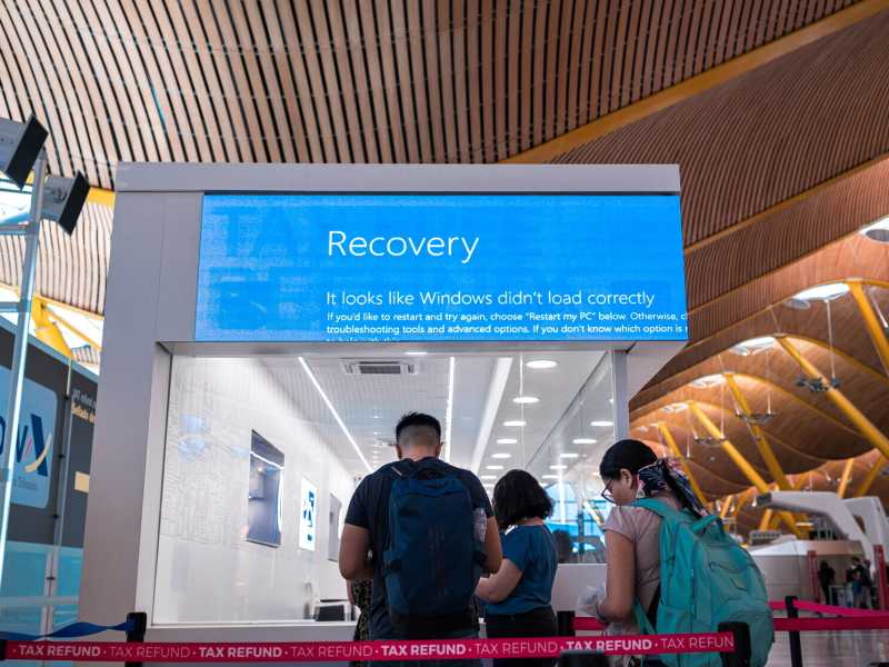 L'aeroporto internazionale di Madrid-Barajas durante l'interruzione delle comunicazioni globali causata da CrowdStrike (Foto di Diego Radames/Anadolu via Getty Images)&nbsp;<br />