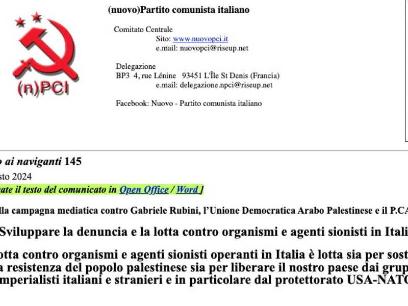 La lista nera di "sionisti" del Nuovo Pci è inaccettabile per un paese civile