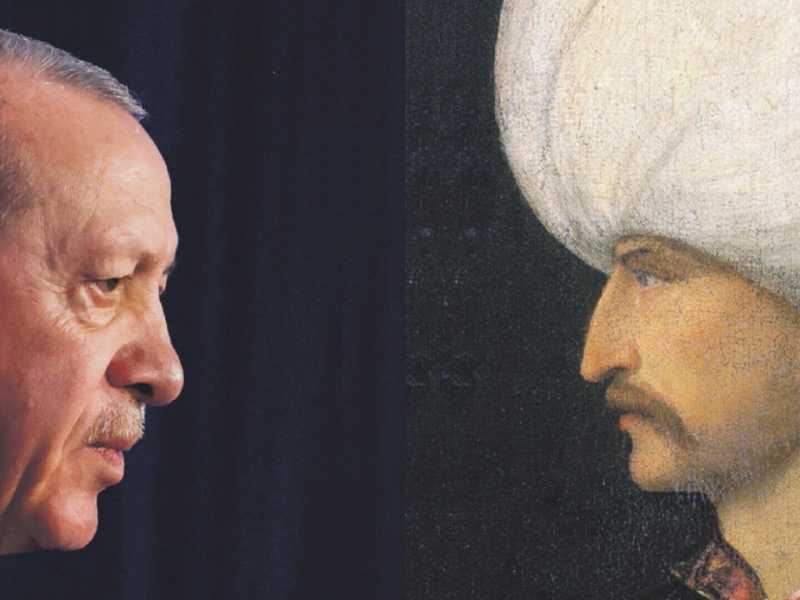 Recep Tayyip Erdogan è presidente della Turchia dal 2014 (foto Getty). A destra, Solimano il magnifico ritratto dalla bottega di Tiziano (Wikipedia) <br />