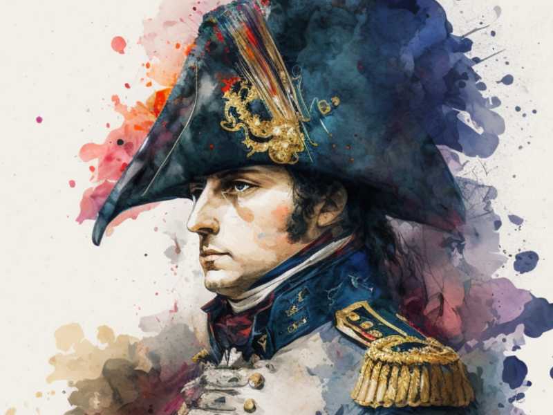 Napoleon in watercolour (Midjourney AI, prompted by Netha Hussain, via Wikimedia commons) <br />