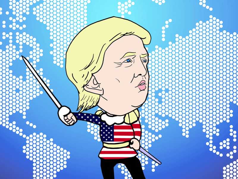 Una caricatura di Trump diffusa a Shanghai, in Cina, mostra il presidente americano che sguaina la spada dei dazi (foto Getty)&nbsp;<br />
