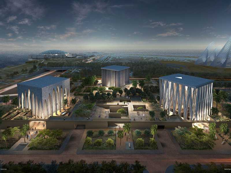 Una vista dall&rsquo;alto della Casa abramitica e dei musei di Saadiyat ad Abu Dhabi (foto studio Adjaye e associati)  &nbsp;<br />