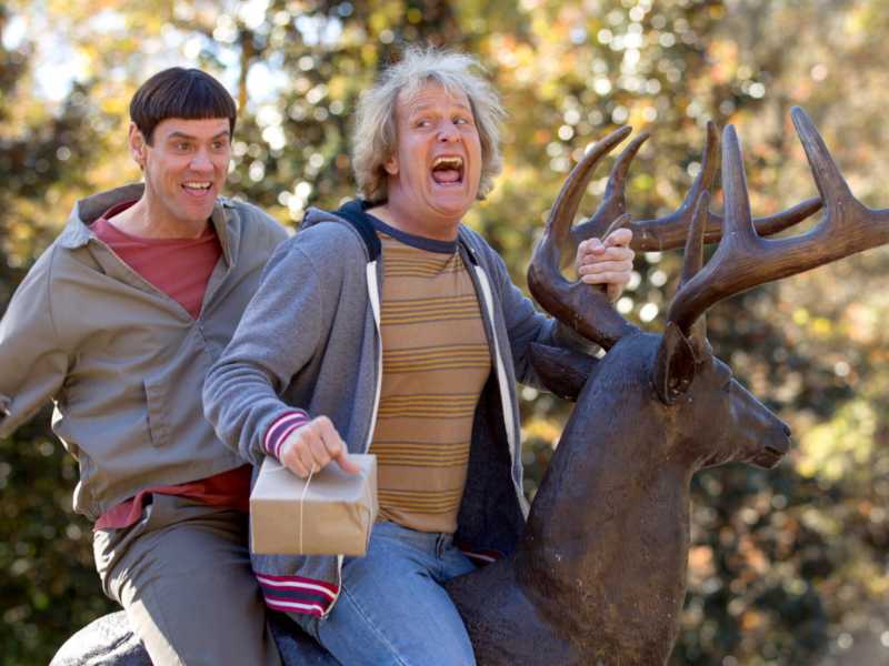 Pare che Jim Carrey sia la personificazione del cringe. Qui con Jeff Daniels in una scena di “Dumb and Dumber” (1994) <br />