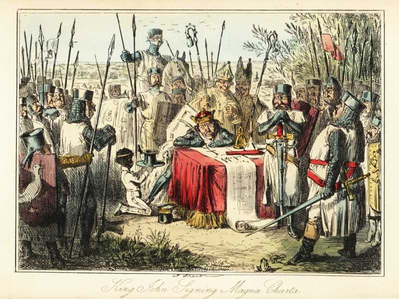 Re Giovanni circondato da baroni e vescovi firma la Magna Carta a Runnymede, 1215 (Foto Florilegius/Universal Images Group via Getty Images)&nbsp;<br />