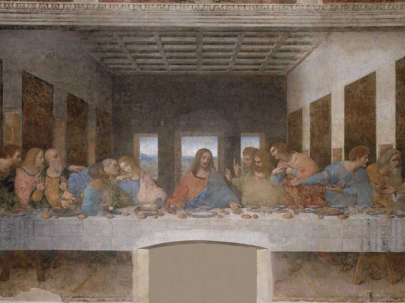 Ultima Cena, Leonardo da Vinci, 1494-1498, tempera e olio su intonaco, Chiesa di Santa Maria delle Grazie, Milano<br />