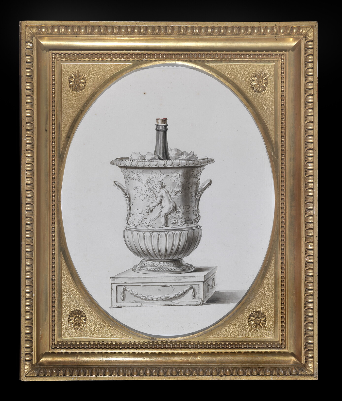 Bottega di Luigi Valadier, Disegno per rinfrescatoio del Servizio Borghese, 1784, penna, inchiostro grigio e bruno, acquerello grigio, bruno, rosso e verde, tracce di grafite su carta, Alberto di Castro Photo by Nuova Arte Fotografica