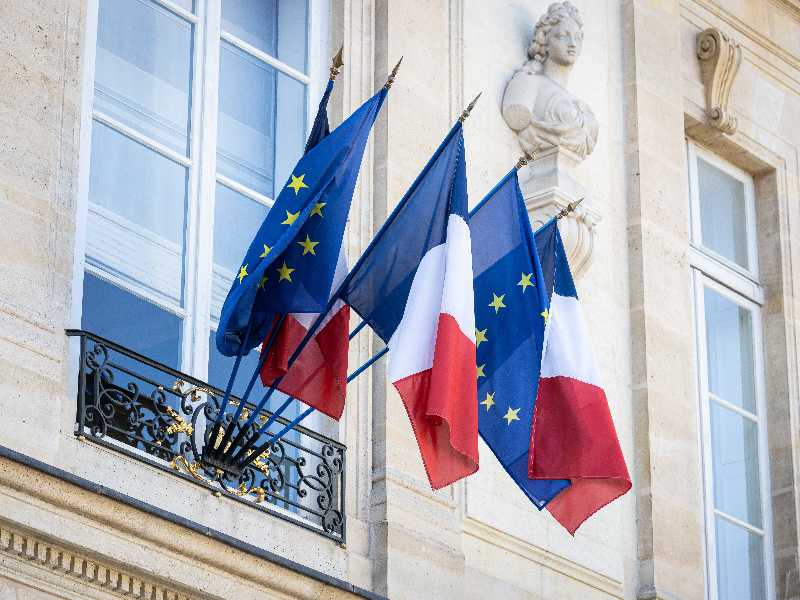 French flags and the European Union flags display on the facade of the Elysee Presidential Palace in Paris, France, on March 4, 2026. (Photo by Telmo Pinto/NurPhoto via Getty Images)