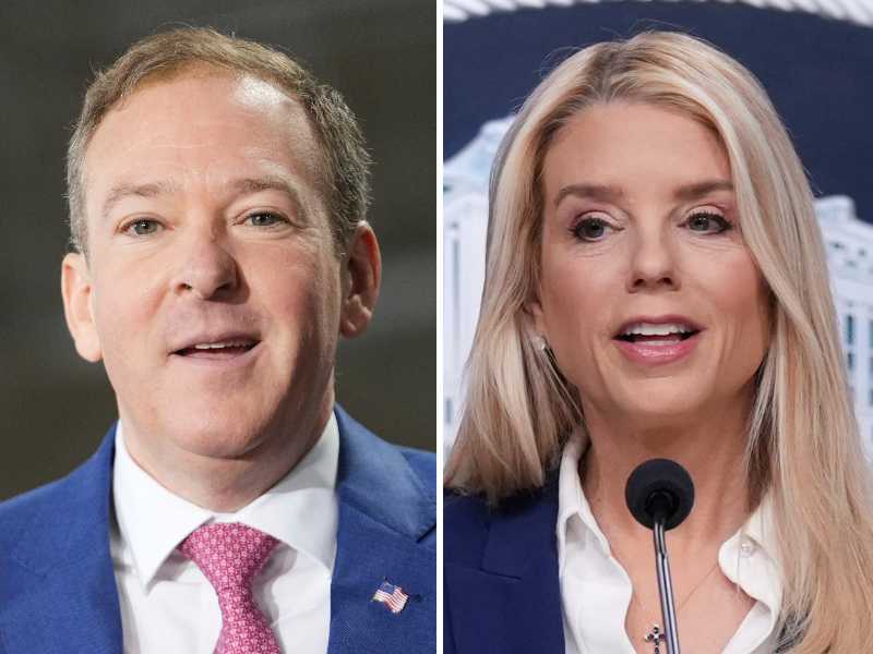 FILE - This photo combination shows Environmental Protection Agency director Lee Zeldin, March 18, 2026, in Auburn Hills, Mich. and Attorney General Pam Bondi, Feb. 6, 2026, in Washington. (AP Photo/Paul Sancya, J. Scott Applewhite, file)