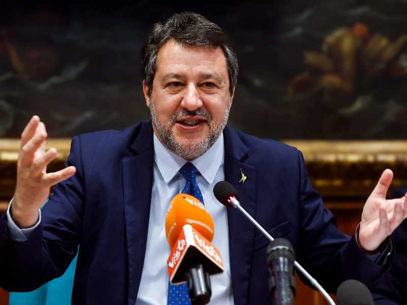 Il ministro delle Infrastrutture e Trasporti Matteo Salvini durante la conferenza stampa della Lega per il riconoscimento della comunità romena come minoranza linguistica nazionale, Roma, 26 marzo 2026. ANSA/ANGELO CARCONI