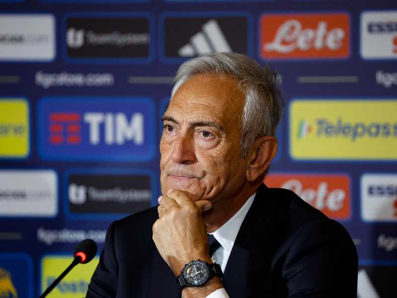 President of the FIGC Gabriele Gravina attend a press conference during Gattuso's official presentation, Rome, Italy, 19 June 2025. ANSA/FABIO FRUSTACI