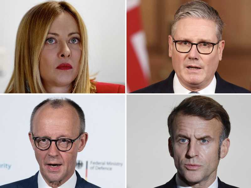 Nella combo, in alto da sinistra: Giorgia Meloni e Keir Starmer; in basso da sinistra: Friedrich Merz ed Emmanuel Macron